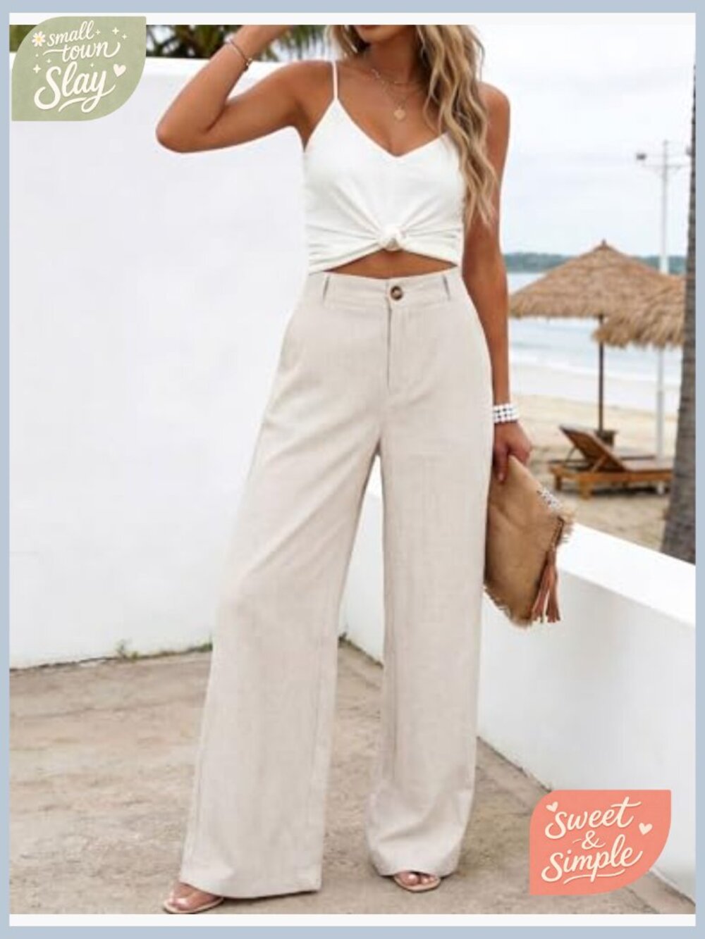 High Waisted Wide Leg Linen Pants Casual Button Up Trousers - Picture 5 of 7